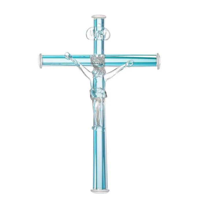 CRUCIFIXO DE DECORACAO EM MURANO CRUCIFIXO DE PAREDE AQUAMARINE Onde comprar crucifixo em cristal de murano