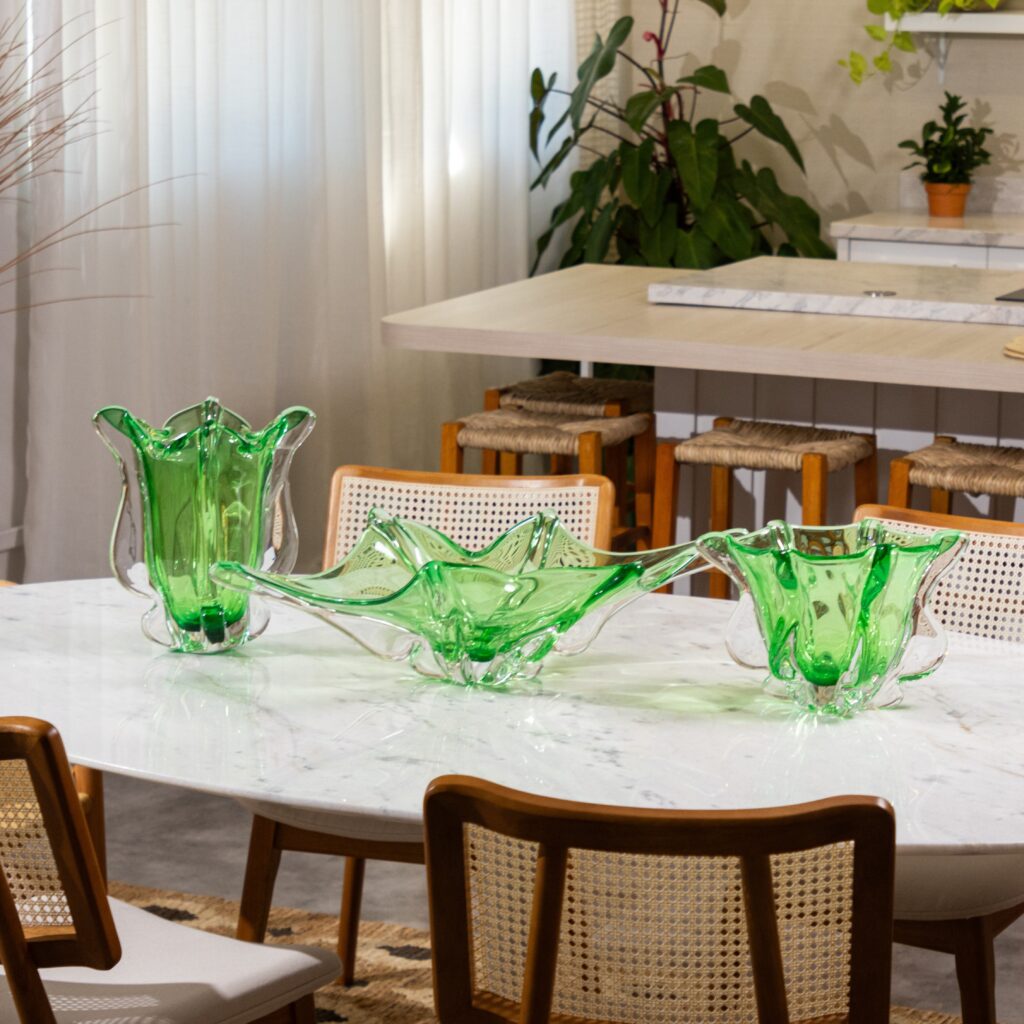 Kit De Decoração Em Murano Vaso Spiky + Centro Peaky + Cachepot Pointy Esmeralda