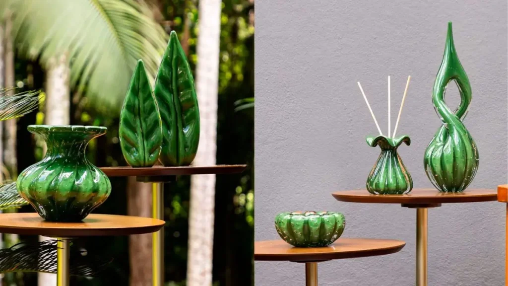 adorno de decoracao em murano folha de heliconia grafite